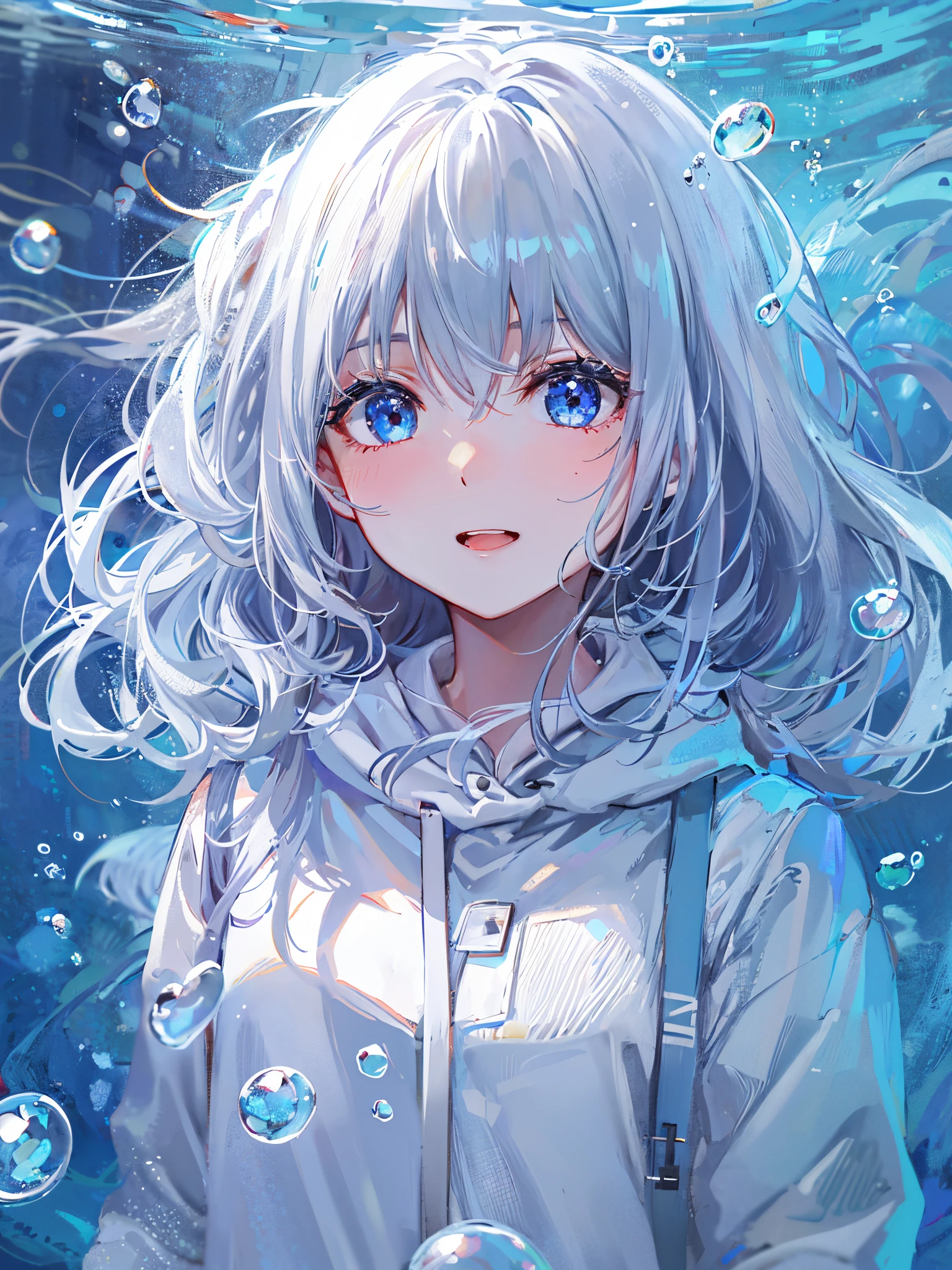 ((top-quality)), ((​masterpiece)), ((ultra-detailliert)), (Extremely delicate and beautiful), girl with, report, cold attitude,((White hoodie)),She is very(relax)with  the(Settled down)Looks,depth of fields,Evil smile,Bubble, under the water, Air bubble,Underwater world bright light blue eyes,inner color with bright gray hair and light blue tips,,,,,,,,,,,,,,,,,,,,,,Cold background,Bob Hair - Linear Art, shortpants、knee high socks、White uniform like school uniform、Light blue ribbon ties、Clothes are sheer、The hand in my right pocket is like a sapphire,Fronllesse Blue, A small blue light was floating、fantastic eyes、selfy,Self-shot、Bangs fall on the eyes, give a sexy impression.