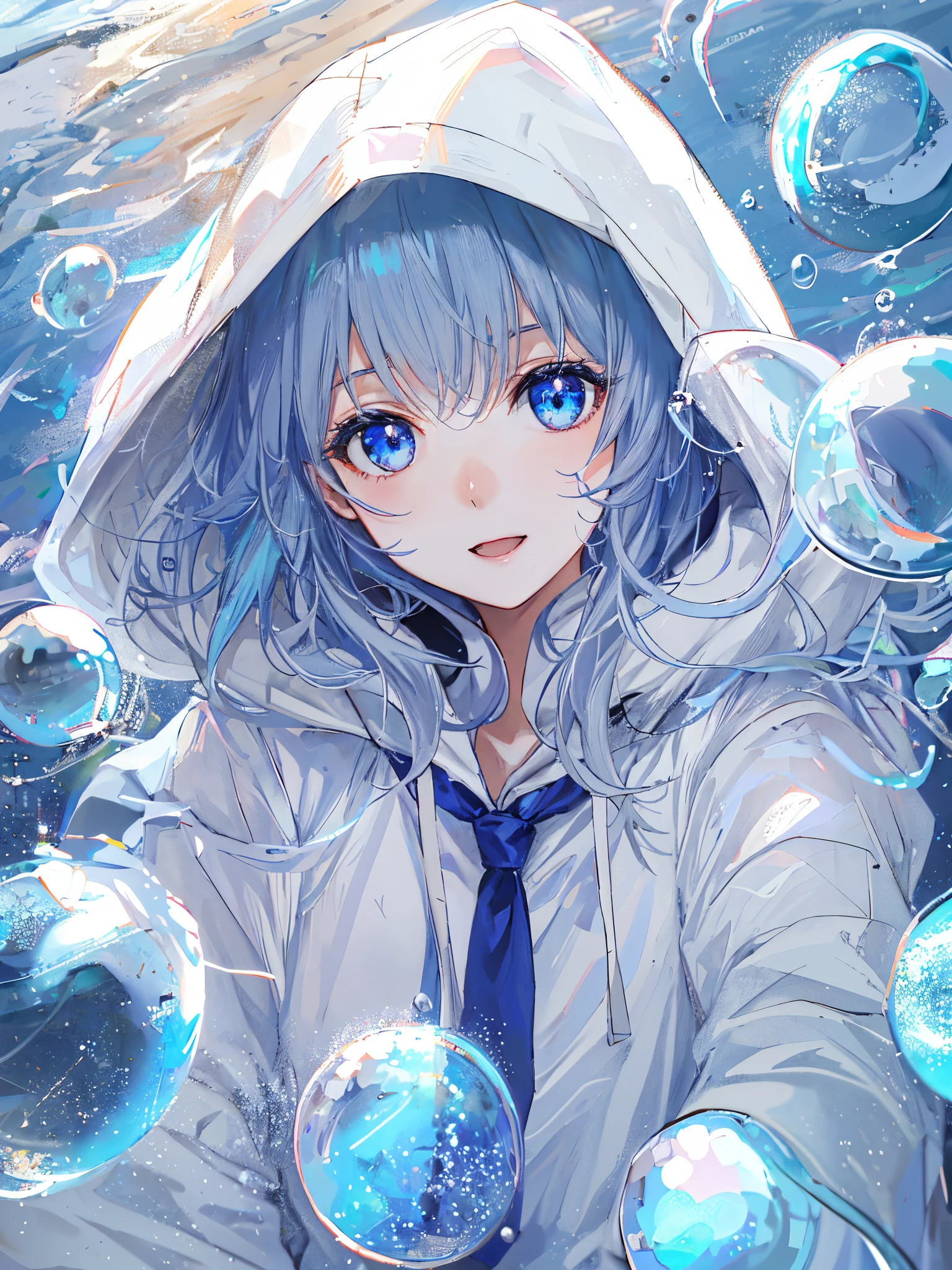 ((top-quality)), ((masterpiece)), ((ultra-detailliert)), (Extremely delicate and beautiful), girl with, report, cold attitude,((White hoodie)),She is very(relax)with the(Settled down)Looks,depth of fields,Evil smile,Bubble, under the water, Air bubble,Underwater world bright light blue eyes,inner color with bright gray hair and light blue tips,,,,,,,,,,,,,,,,,,,,,,Cold background,Bob Hair - Linear Art, shortpants、knee high socks、White uniform like school uniform、Light blue ribbon ties、Clothes are sheer、The hand in my right pocket is like a sapphire,Fronllesse Blue, A small blue light was floating、fantastic eyes、selfy,Self-shot、Bangs fall on the eyes, give a sexy impression.