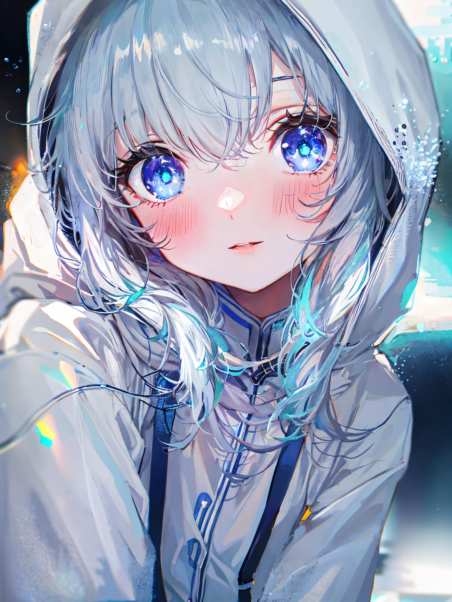 ((top-quality)), ((masterpiece)), ((ultra-detailliert)), (Extremely delicate and beautiful), girl with, report, cold attitude,((White hoodie)),She is very(relax)with the(Settled down)Looks,depth of fields,Evil smile,Bubble, under the water, Air bubble,Underwater world bright light blue eyes,inner color with bright gray hair and light blue tips,,,,,,,,,,,,,,,,,,,,,,Cold background,Bob Hair - Linear Art, shortpants、knee high socks、White uniform like school uniform、Light blue ribbon ties、Clothes are sheer、The hand in my right pocket is like a sapphire,Fronllesse Blue, A small blue light was floating、fantastic eyes、selfy,Self-shot、Bangs fall on the eyes, give a sexy impression.