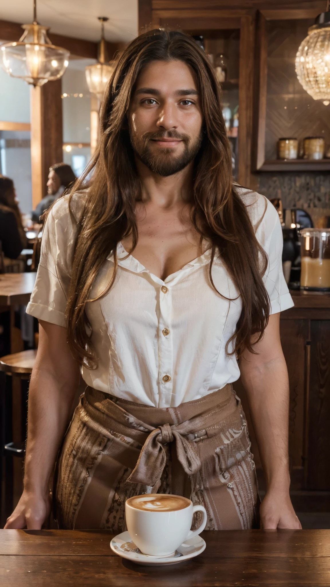 (best quality,4k,highres,ultra-detailed,realistic:1.37),vibrant portrait,beautiful cafe worker lady with a long big beard,long beautiful hair,manly chiseled face,expressive eyes,lovely smile,stylish outfit,confident stance,coffee cup,cozy atmosphere,artistic lighting,rich color palette,bokeh