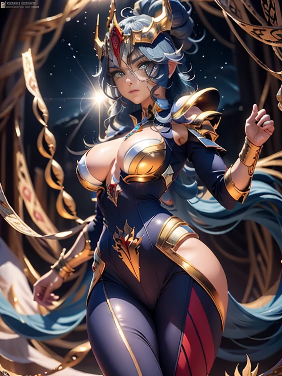 obra-prima, melhor qualidade, ultra alta res, bikini type armor, (fotorrealista: 1.4), alta resolução, foto crua, 1 , pele brilhante, (pele de detalhe: 1.2), best ilumination, brilho, armadura mecha, lighting dramatic, dinamic pose, (fundo do templo grego: 1.1), (noite: 1.2), (night sky), cosmos, milky ways, armadura dourada, (decote), Phoenix_Ikki bikini, (peito grande), (capacete: 1.2), pele bronzeada, cabelo preto, (prata peito guarda: 1.3), seios enormes, camisa azul, vulkan, lava, serious face, olhos detalhado, rosto detalhado, boca detalhado, nariz detalhado