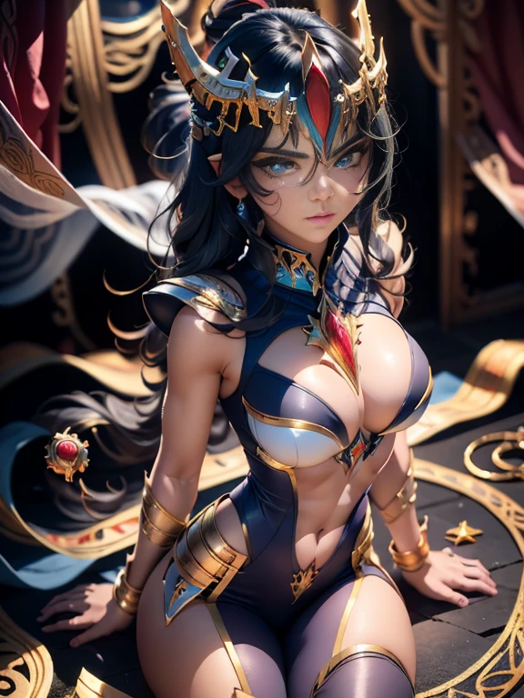 obra-prima, melhor qualidade, ultra alta res, bikini type armor, (fotorrealista: 1.4), alta resolução, foto crua, 1 , pele brilhante, (pele de detalhe: 1.2), best ilumination, brilho, armadura mecha, lighting dramatic, dinamic pose, (fundo do templo grego: 1.1), (noite: 1.2), (night sky), cosmos, milky ways, armadura dourada, (decote), Phoenix_Ikki bikini, (peito grande), (capacete: 1.2), pele bronzeada, cabelo preto, (prata peito guarda: 1.3), seios enormes, camisa azul, vulkan, lava, serious face, olhos detalhado, rosto detalhado, boca detalhado, nariz detalhado
