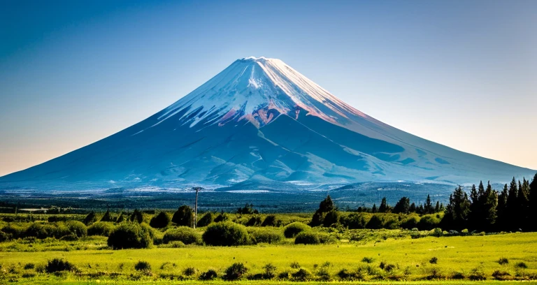 Fotos RAW del Monte Fuji, Delicadamente hermoso fotorrealista, detalle, fotorrealista, Fotos ultrarrealistas, 8k UHD, DSLR, Dazzling summer mountain sun, Fresh vegetation, Beautiful, alta calidad, Film grain, Fujifilm XT3, (Obra maestra), majestic mountains, pastizales verdes que se extienden pastizales, Ranchos,