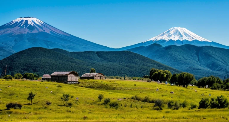 Fotos RAW del Monte Fuji, Delicadamente hermoso fotorrealista, detalle, fotorrealista, Fotos ultrarrealistas, 8k UHD, DSLR, Dazzling summer mountain sun, Fresh vegetation, Beautiful, alta calidad, Film grain, Fujifilm XT3, (Obra maestra), majestic mountains, pastizales verdes que se extienden pastizales, Ranchos,