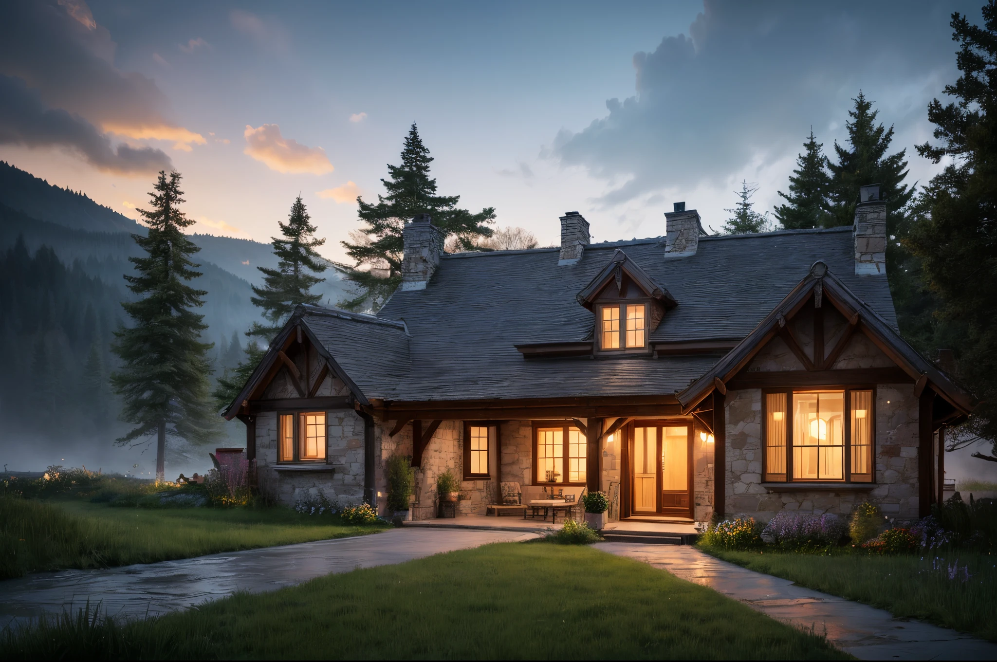 Inspire the creation of a realistic, yet fantastical, rendering of a magical cottage nestled in a UHD landscape, blending seamlessly with its surroundings and emanating an enchanting glow.