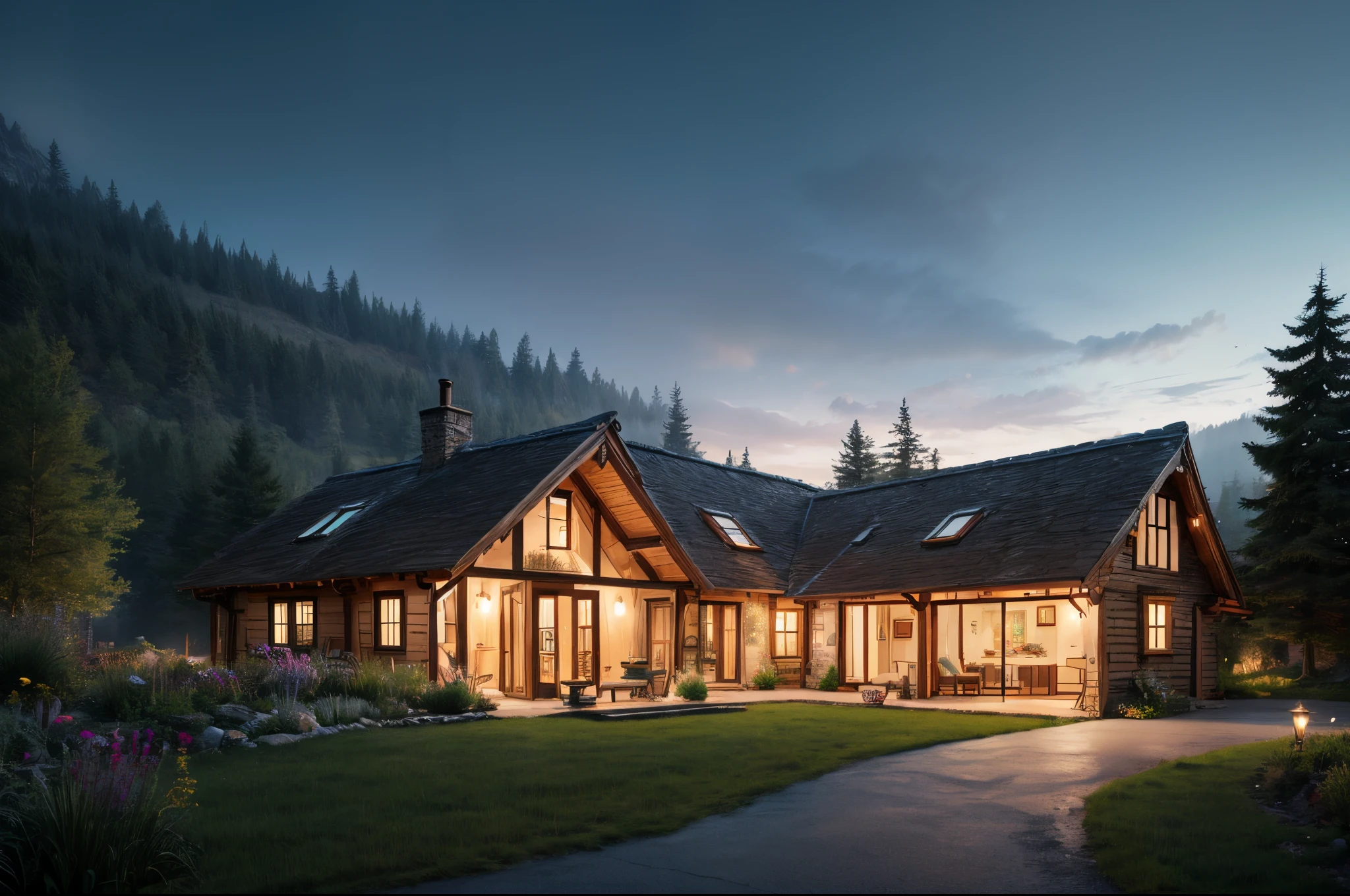 Inspire the creation of a realistic, yet fantastical, rendering of a magical cottage nestled in a UHD landscape, blending seamlessly with its surroundings and emanating an enchanting glow.
