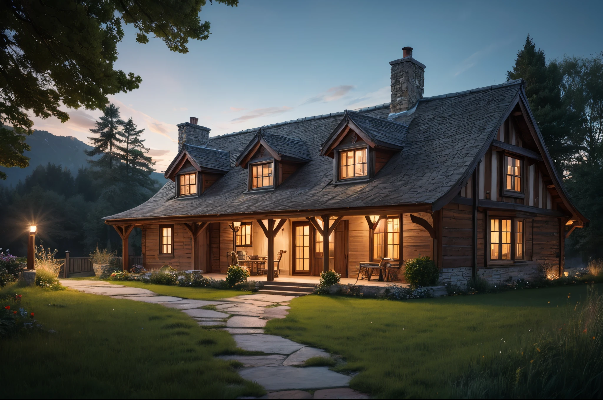 Inspire the creation of a realistic, yet fantastical, rendering of a magical cottage nestled in a UHD landscape, blending seamlessly with its surroundings and emanating an enchanting glow.