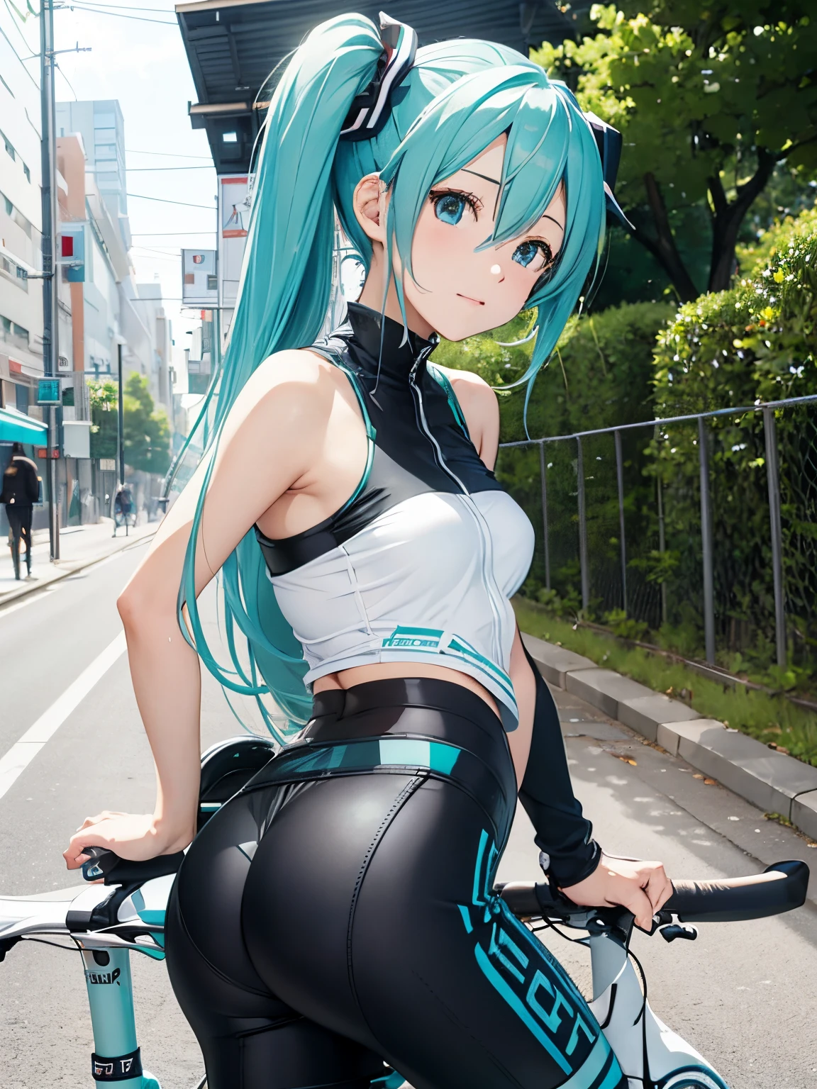 miku hatsune,bicycle,Racer Pants,Beautiful breasts,stick out buttocks,Leaning on the bike