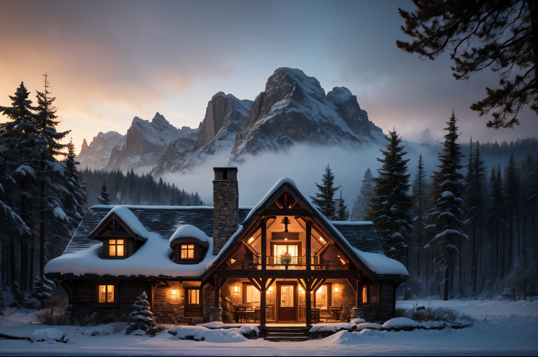 Inspire the creation of a realistic, yet fantastical, rendering of a magical cottage nestled in a UHD landscape, blending seamlessly with its surroundings and emanating an enchanting glow.