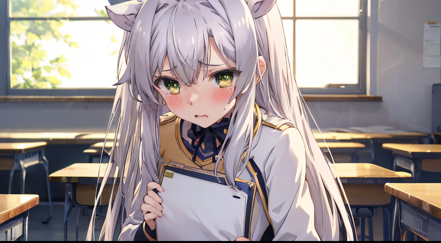 (super high resolution), 1girl, 1boy, silver hair, green eyes, cat ears school uniform, intensive blushes, flat chest, classroom, standing, hugging a canvas, crying, crying loud, biting