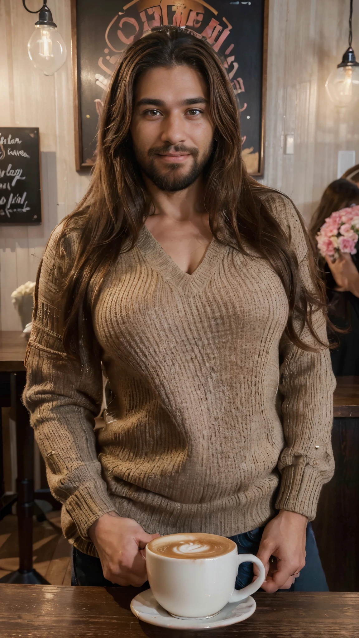 (best quality,4k,highres,ultra-detailed,realistic:1.37),vibrant portrait,beautiful cafe worker lady with a long big beard,long beautiful hair,manly chiseled face,expressive eyes,lovely smile,stylish outfit,confident stance,coffee cup,cozy atmosphere,artistic lighting,rich color palette,bokeh