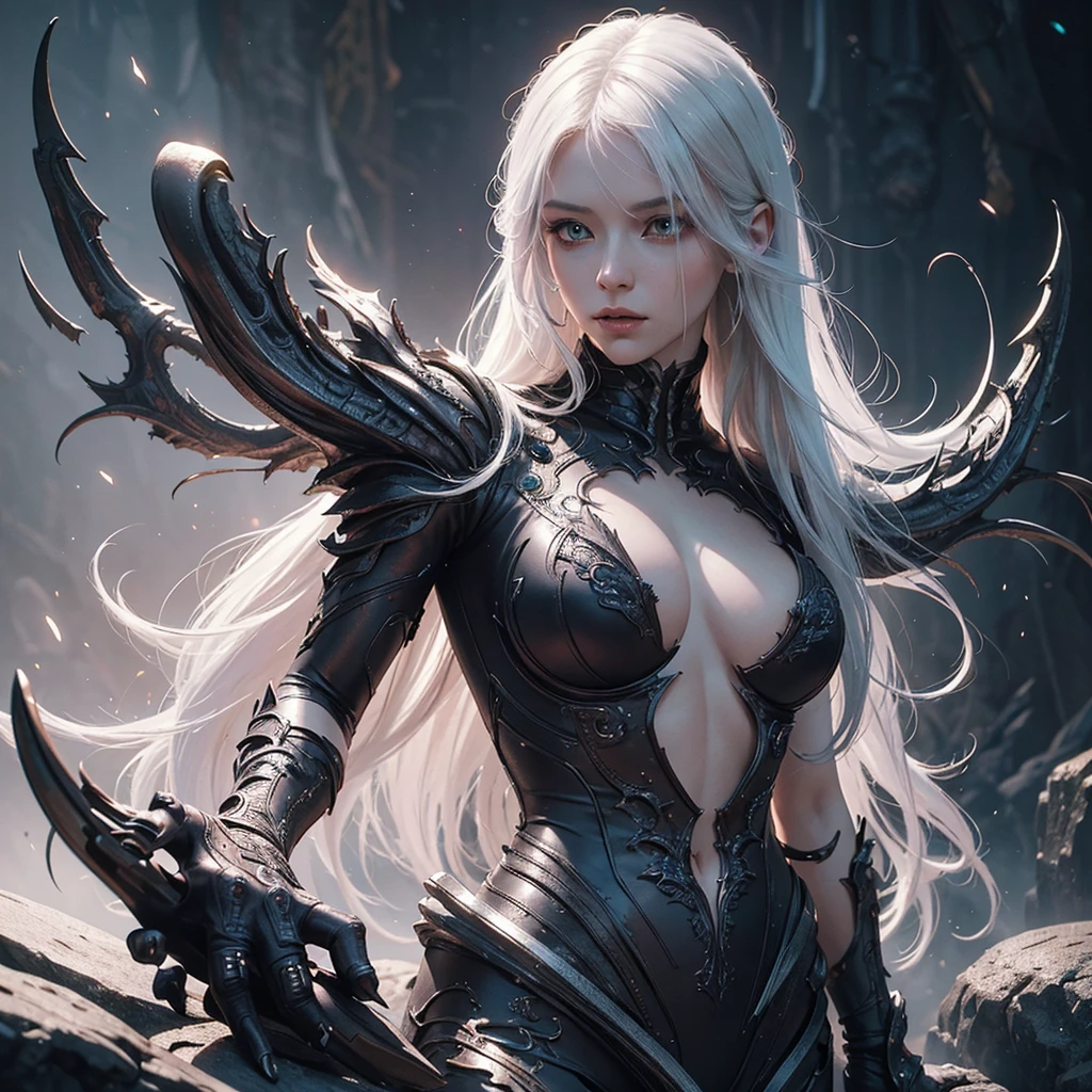 alien, beautiful woman, long white hair, dynamic pose, intricate, highly detailed, a masterpiece, 8k resolution, dark fantasy concept art, dynamic lighting, hyperdetailed, intricately detailed, Splash screen art, trending on Artstation, deep color, Unreal Engine