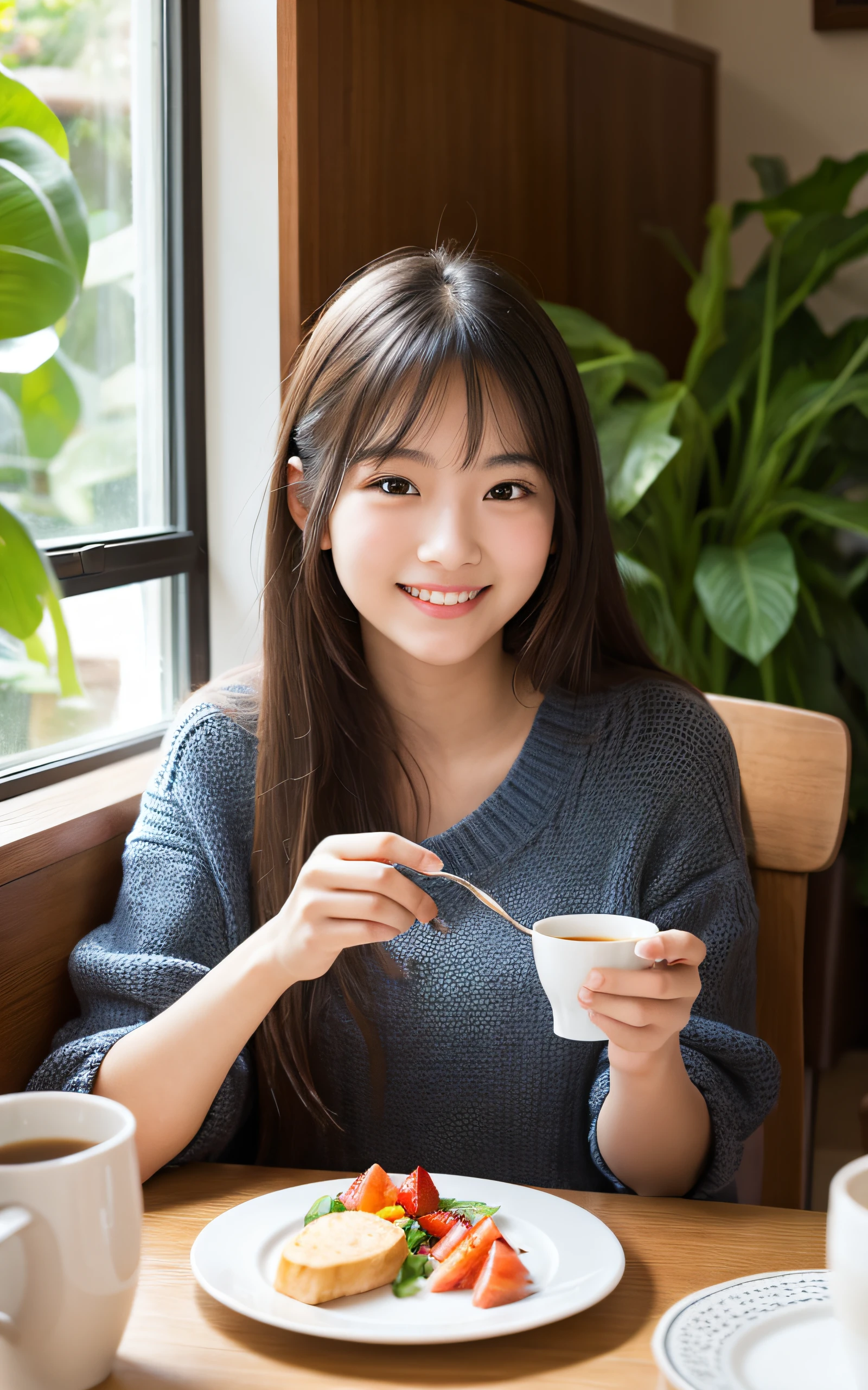 (Best-quality, Masterpiece, Ultra-High-Resolution, (Photorealistic:1.7), Raw Photo, depth of field, professional lighting, perfect anatomy, extremely details), 1girl, 15-years-old, the most famous Japanese idol, ((in office-room, drinking coffee, smoking)), (wearing casual-clothes with cute-design), (extremely cute face like the most popular Japanese idol, ((extremely cute and extremely big round-eyes)), extremely beautiful and extremely realistic hair), (((extremely beautiful and extremely realistic skins))), extremely beautiful and extremely realistic long-eyelashes, extremely beautiful and extremely realistic lips, detailed office-room