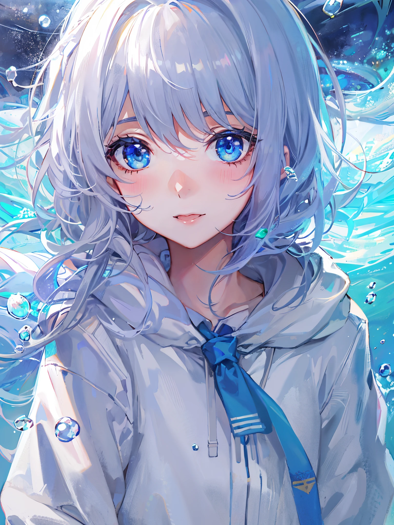 ((top-quality)), ((masterpiece)), ((ultra-detailliert)), (Extremely delicate and beautiful), girl with, report, cold attitude,((White hoodie)),She is very(relax)with the(Settled down)Looks,depth of fields,Evil smile,Bubble, under the water, Air bubble,Underwater world bright light blue eyes,inner color with bright gray hair and light blue tips,,,,,,,,,,,,,,,,,,,,,,Cold background,Bob Hair - Linear Art, shortpants、knee high socks、White uniform like school uniform、Light blue ribbon ties、Clothes are sheer、The hand in my right pocket is like a sapphire,Fronllesse Blue, A small blue light was floating、fantastic eyes、selfy,Self-shot、Bangs fall on the eyes, give a sexy impression.