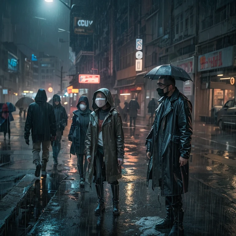 Here are the images that capture the rain-soaked, apocalyptic city scene with a dystopian and futuristic vibe, enhanced by moody lighting and people wearing masks.