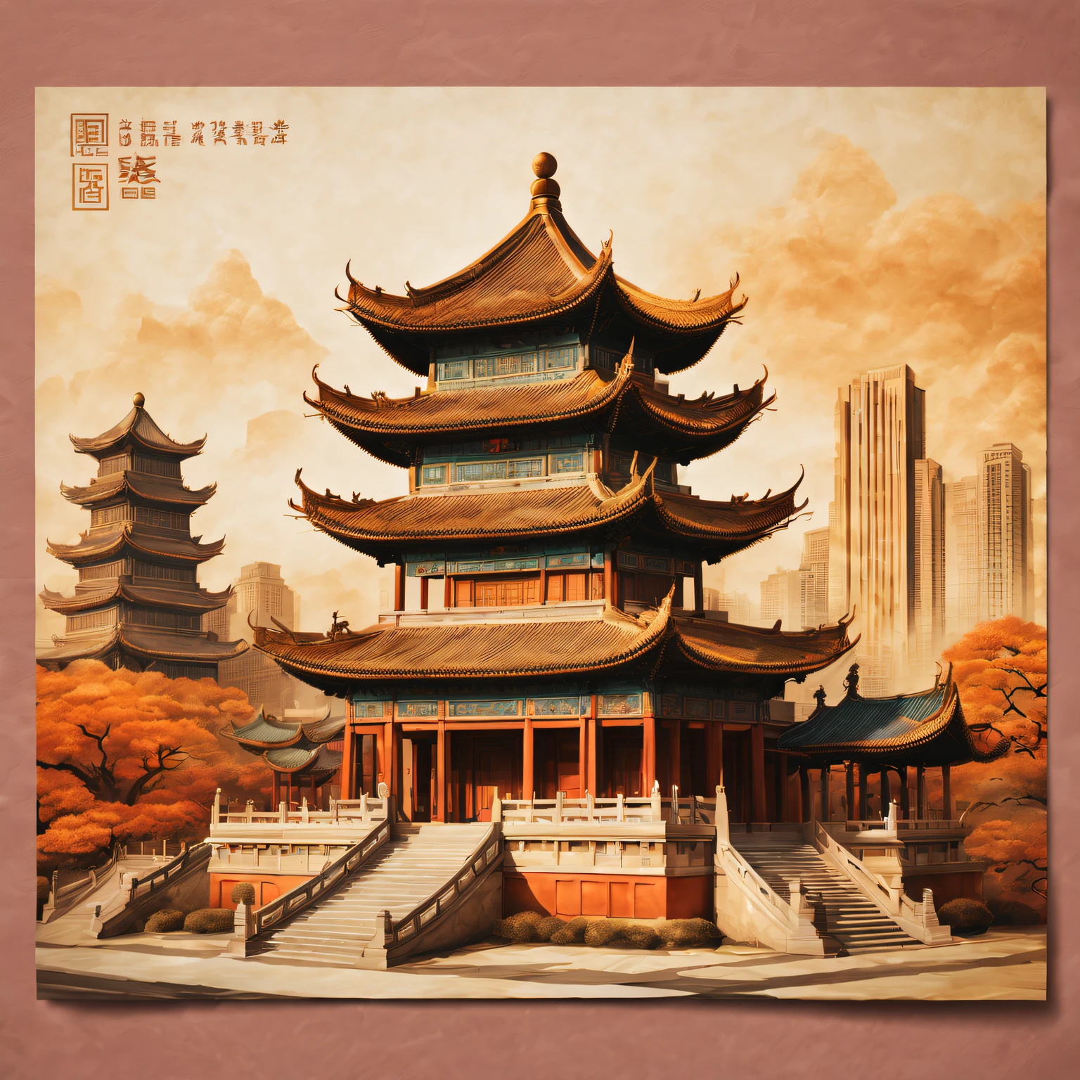 Postal postcard with an ancient Chinese building on the front. [line drawn, vintagestyle], (Exquisite, iintricate, nice) line work, (Elegant, Regal) architecture, (attractive cleavage, Thrilling) skylines, [nostalgic ambiance, faded], warm color palette, (natural, The soft) lamplight, [antique texture, old fashioned look],(Typographic wireframe logo with stamp place and recipient、Name format).(Best quality at best, A high resolution:1.2), ultra - detailed, professional, vivd colour, sportrait, The landscape, Concept artist, Focus sharp, HighDynamicRange, Studio lighting.