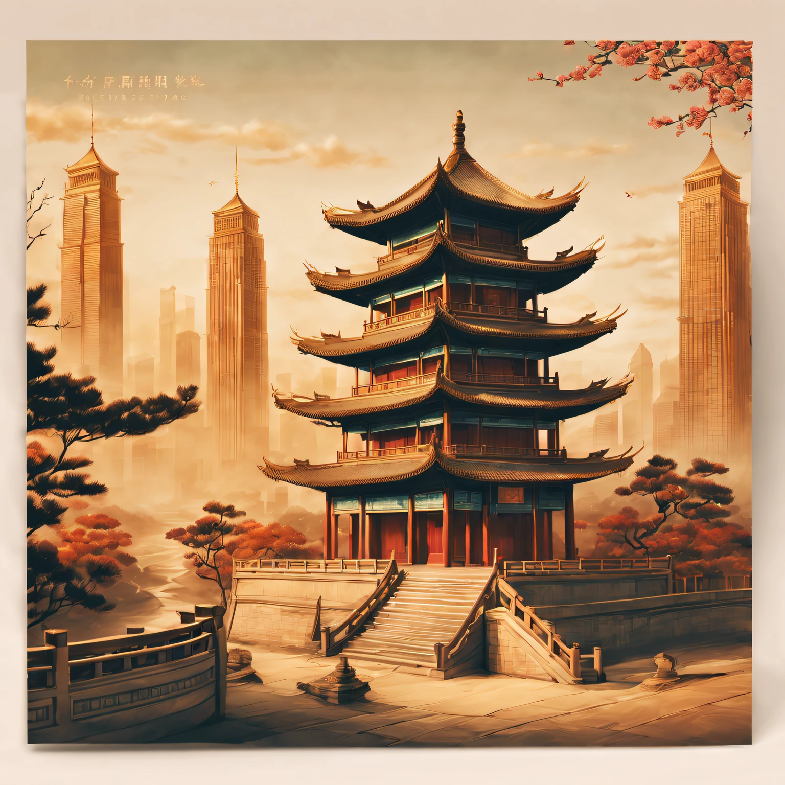 Postal postcard with an ancient Chinese building on the front. [line drawn, vintagestyle], (Exquisite, iintricate, nice) line work, (Elegant, Regal) architecture, (attractive cleavage, Thrilling) skylines, [nostalgic ambiance, faded], warm color palette, (natural, The soft) lamplight, [antique texture, old fashioned look],(Typographic wireframe logo with stamp place and recipient、Name format).(Best quality at best, A high resolution:1.2), ultra - detailed, professional, vivd colour, sportrait, The landscape, Concept artist, Focus sharp, HighDynamicRange, Studio lighting.