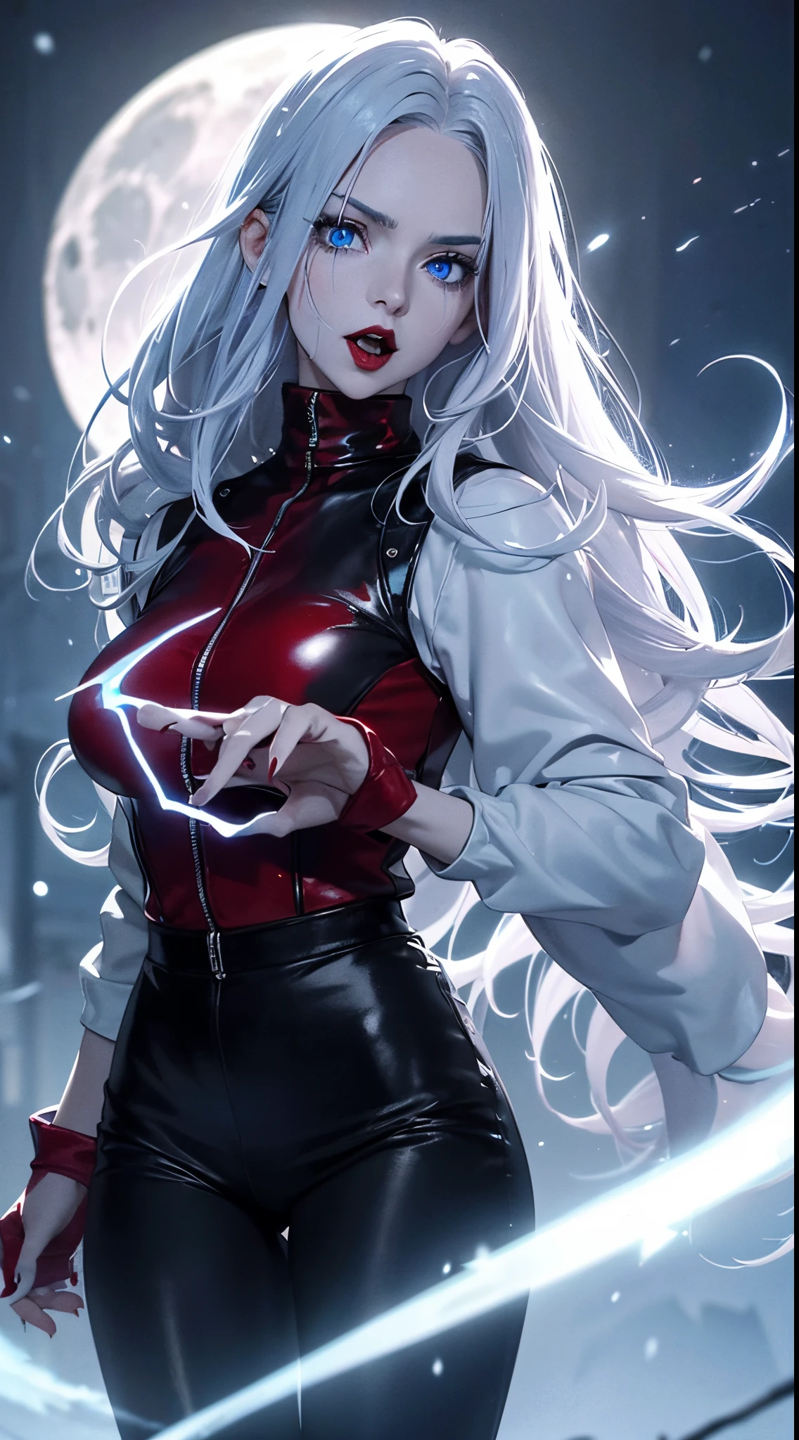 (fantasy character), (Masterpiece), (best quality), (8k resolution), (1girl), ((vampire girl)), ((snow white gray skin)), (("white blood")), ((wearing black leather jacket)), ((wearing black leather pants)), ((wearing black turtleneck underneath), ((red lipstick)), ((red sneakers)), (concept art), small chest, (long hair), (messy hair), (white hair), (iron gray hair), ((glowing light blue eyes:1.35)), detailed hands, long nails, vampire claws, detailed face, open mouth, screaming face expression, detailed lips, detailed nose, detailed eyes, walking, go to the viewer, ((moonlight of the night))