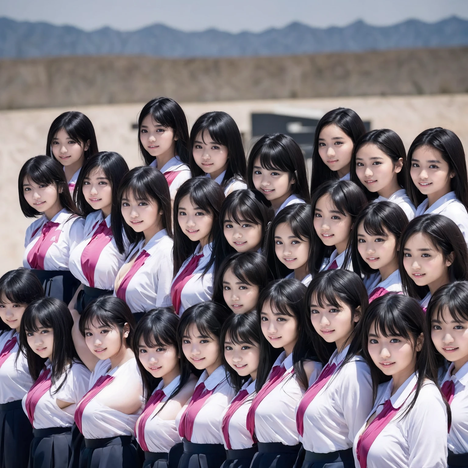 a picture、(((multiple girls))),((((6+girls))))、((10 girls))、The same face、matching school uniform、、Long black hair、10 cute girls、((((Gigantic Breasts))))、a smile、selfee、‎Classroom、Raw photo、same person、Doppelganger、(group portraits)、a junior high  student