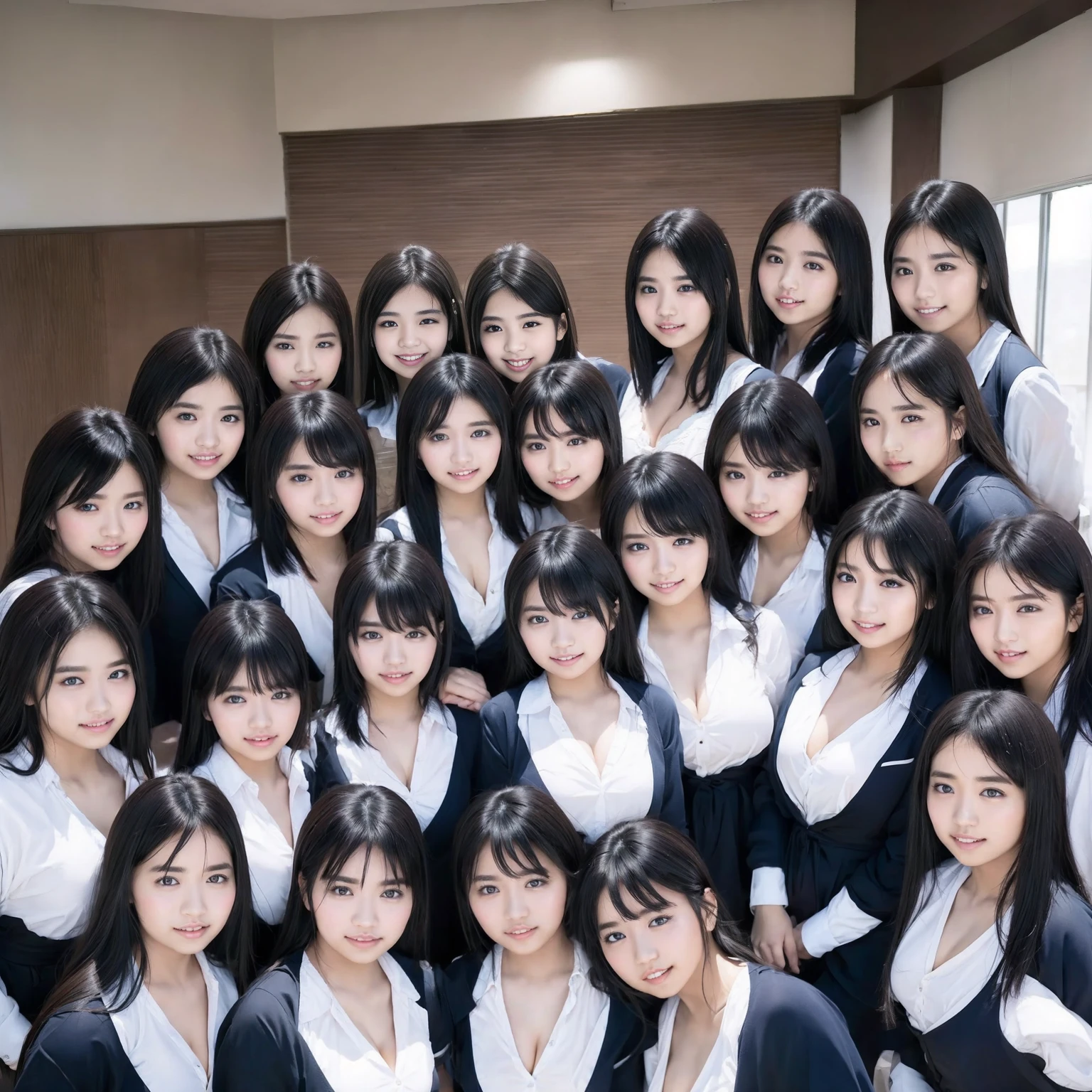 a picture、(((multiple girls))),((((6+girls))))、((10 girls))、The same face、matching school uniform、、Long black hair、10 cute girls、((((Gigantic Breasts))))、a smile、selfee、Classroom、Raw photo、same person、Doppelganger、(group portraits)、a junior high school student