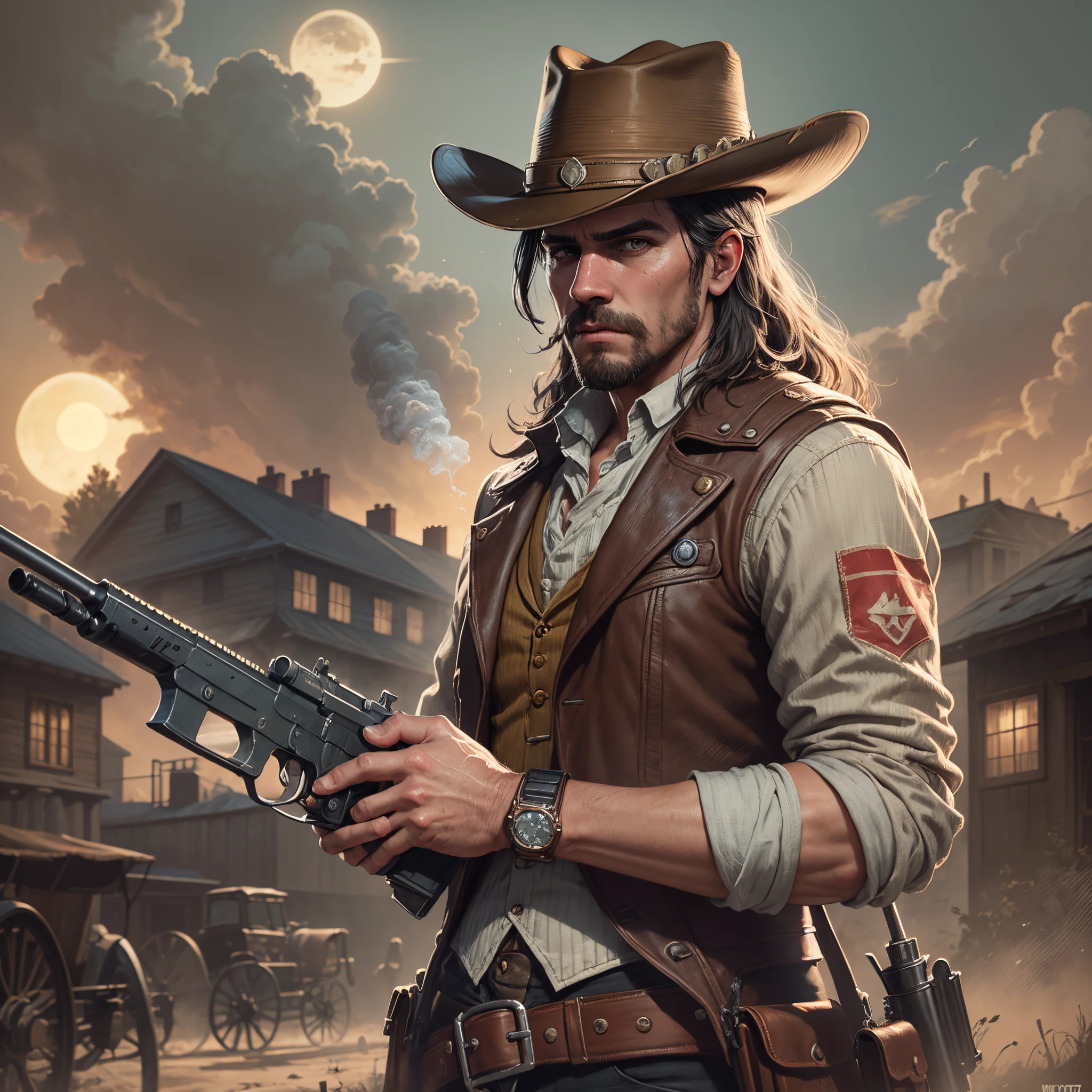 (master piece), (RAW photo), (hyper-realistic), a photo of a man in a cowboy hat holding a rifle, Arthur Morgan, Jessé McCree, [red dead], In Red Dead Redemption 2, art style realistic Red Dead Redemption, (aged face), (old wrinkles) red dead redemption2, Red Dead Redemption 2, In Red Dead Redemption 2, Red Dead Redemption, RDR2, RDR 2 Mod |  |, Dead Redemption, Rockstar Games Art, Wild West, (dimly lit), (setting sun lighting), 4k.  The background of the image must depict an American old-west village, dust and smoke, (ghost town). --auto --s2
