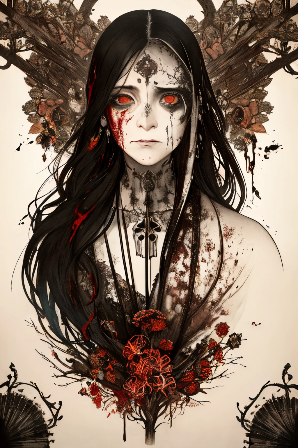 SFW,masutepiece, Best Quality, High resolution, 1woman, upper body, Details , detail hands, Detail fingers, Detail Face, detail legs, watercolor paiting, in graveyard, black hair, long hair, tattered clothes, black eyes, zombie, skull, bone, (art nouveau:1.25), Maximalism artstyle, neon theme, suprematism, crying, beautiful detailed eyes,hyper detailed, beautifuly color, high details, high quality, back light, upper body , high quality, hair with body, cluster amaryllis, zombie, rotungwoka person, priest, black tears, shed tears,