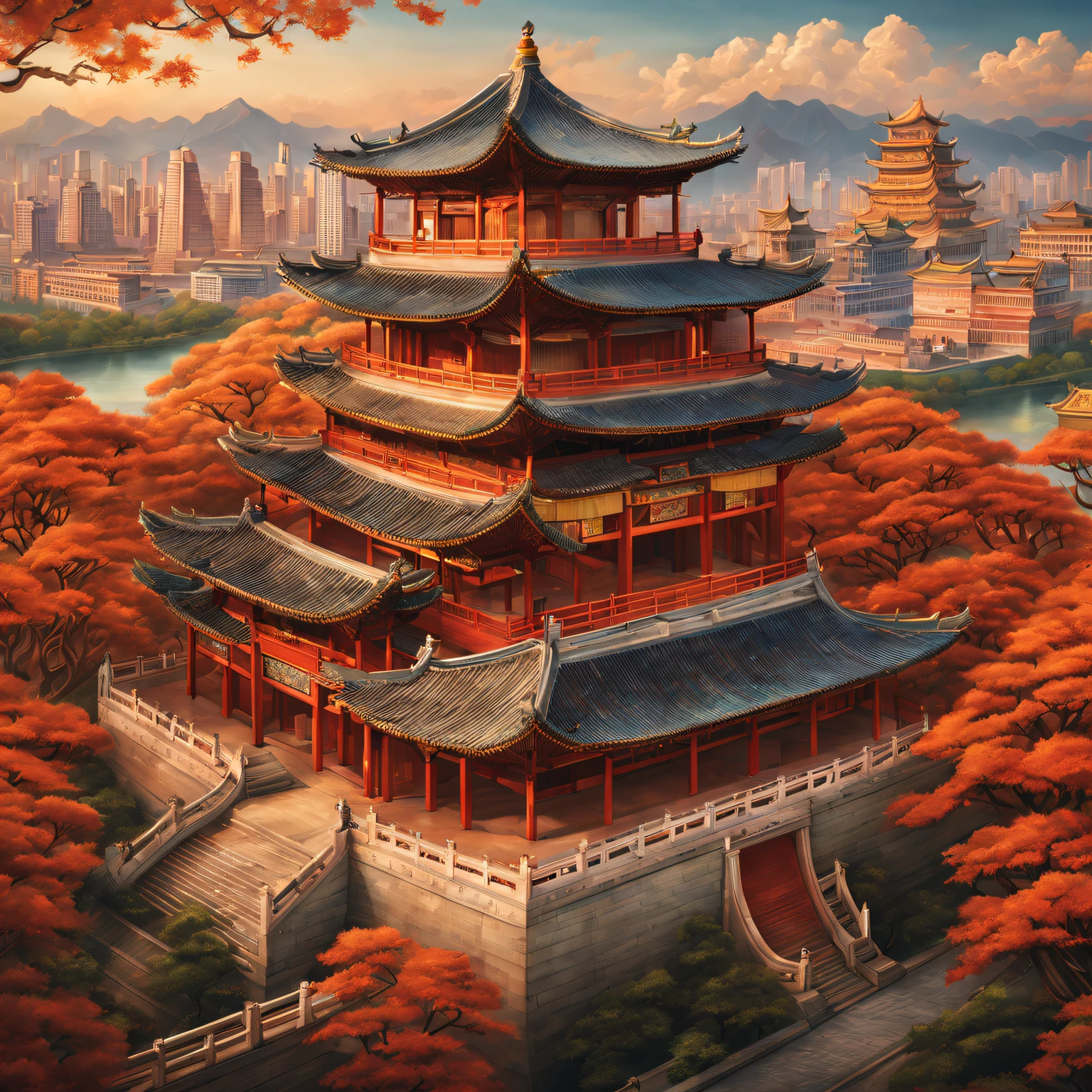 Create an image of a kingdom that combines elements from an ancient Israelite kingdom with Japanese influences and subtle Greek touches. This image should depict an aerial view of the entire kingdom, including traditional houses, a majestic castle, a graceful church, and within the castle complex, make sure to include a separate residence for the king's wives and daughters. Ensure that cultural details from each of these influences are highlighted to create a unique and captivating map. Make it 2D, colorful with light hues."