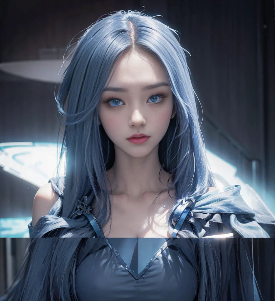 blue long hair,Nice face,duration,Heterochromatic pupil,Gini Coefficient,fully body photo,Big-breasted girl