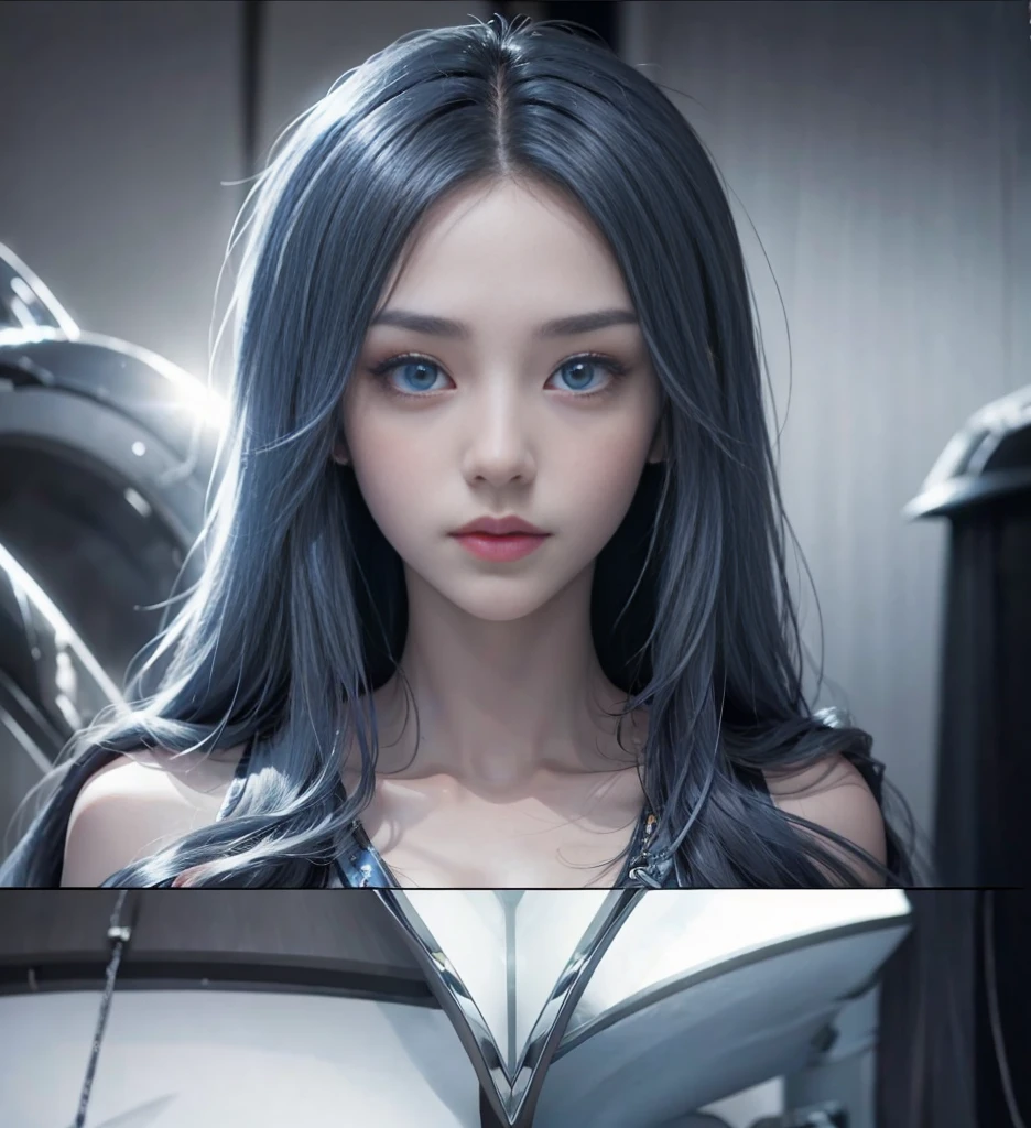 blue long hair,Nice face,duration,Heterochromatic pupil,Gini Coefficient,fully body photo,Big-breasted girl