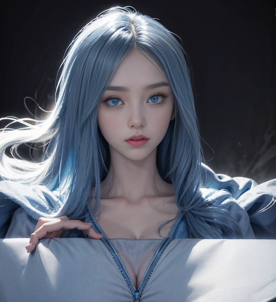 blue long hair,Nice face,duration,Heterochromatic pupil,Gini Coefficient,fully body photo,Big-breasted girl