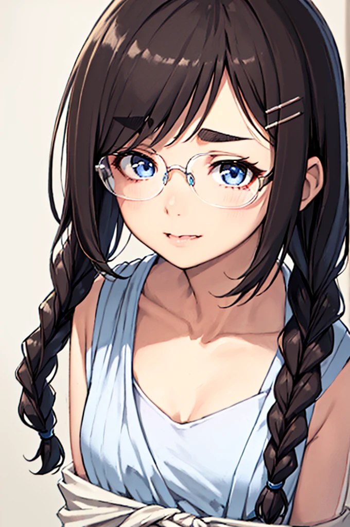 masterpiece, top-quality, One lady, One Pose, The best smile, Japan people in their 20s, (A dark-haired, Short Bob Hair, emphasize curly hair, The whole hair has strong waves, With bangs, Gather the hair in the back with two braids(Length to the waist), attach hairpins to bangs), (thick eyebrow, draw thick eyebrows), (drooing eyes, Blue eyes, Blue eyes), Small nose, Thicker lips, (Rimless glasses, Small glasses, glasses for women), Wheat-toned skin, Realistic drawing of the whole body, (Looking at the camera, Front of camera, Look at viewers, Front attitude, Turn your face to the viewer, face forwards).