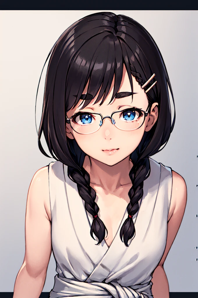 ​masterpiece, top-quality, One lady, One Pose, The best smile, Japan people in their 20s, (A dark-haired, Short Bob Hair, emphasize curly hair, The whole hair has strong waves, With bangs, Gather the hair in the back with two braids(Length to the waist), attach hairpins to bangs), (thick eyebrow, draw thick eyebrows), (drooing eyes, Blue eyes, Blue eyes), Small nose, Thicker lips, (Rimless glasses, Small glasses, glasses for women), Wheat-toned skin, Realistic drawing of the whole body, (Looking at the camera, Front of camera, Look at viewers, Front attitude, Turn your face to the viewer, face forwards).
