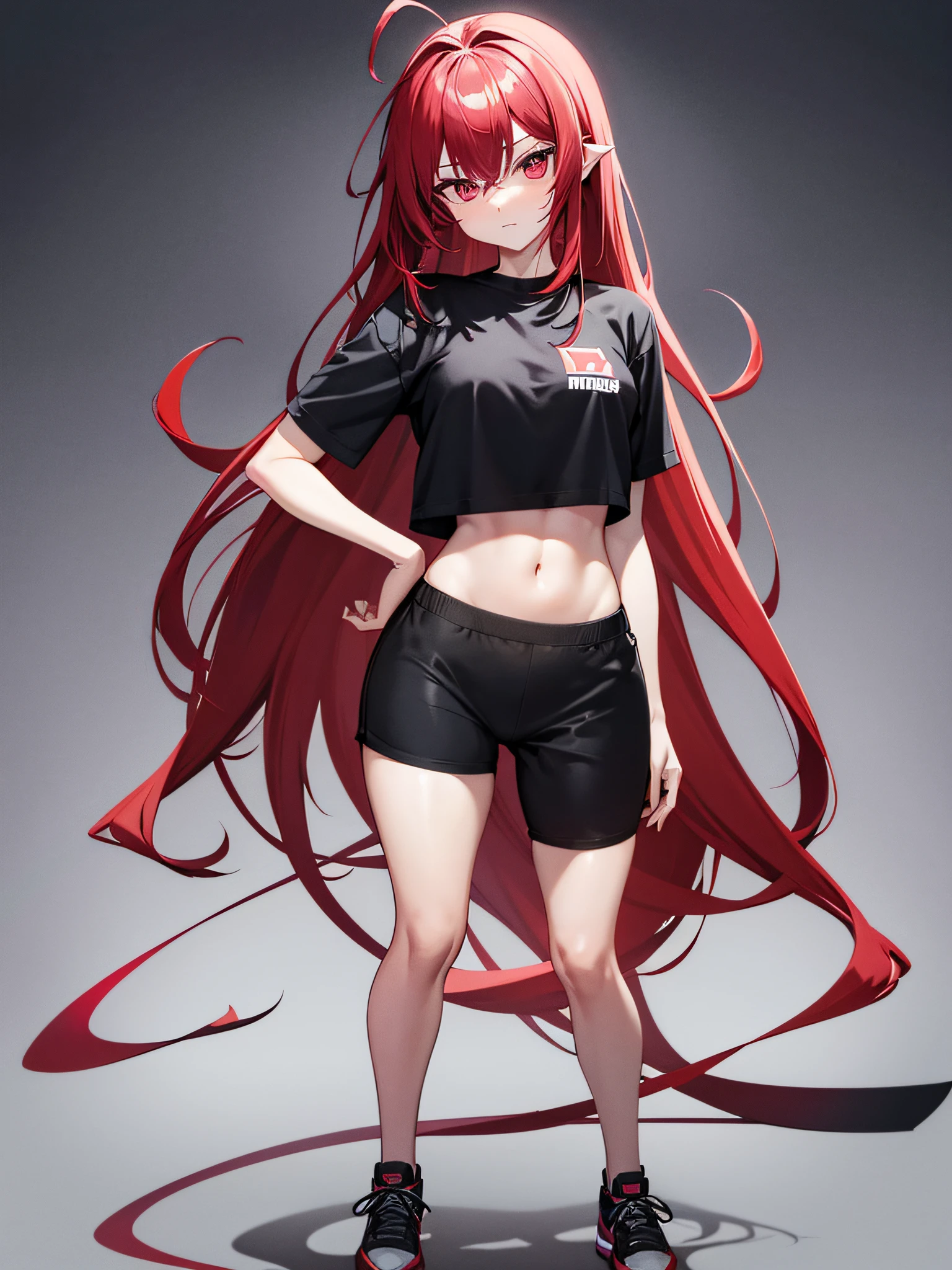 animesque、female pervert, full body Esbian、Medium chest、wearing black tshirt, Black Skinny、Black shoes、Standing、red hairs, pinkcolor, a sticker, Overall neon style, Cool pose