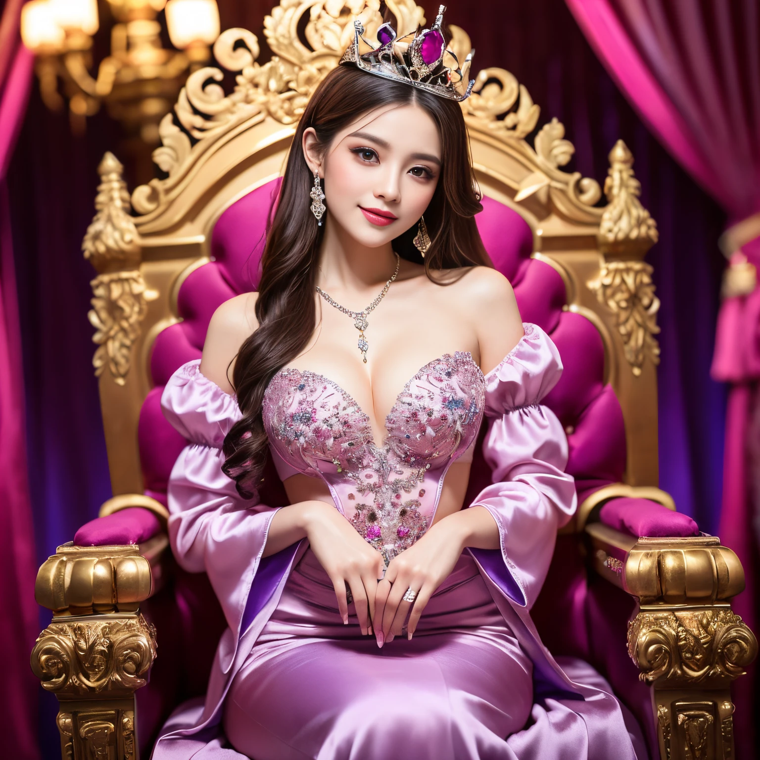 ((top-quality、masutepiece、8K、Top image quality、Highly complex and detailed depictions))、one  goddess、The best luxury where everything is unimaginable、The most gorgeous and majestic  goddess costume、Surrounded by pink and purple curtains、pink and purple lighting、Sit on a super-huge throne、The background is the most luxurious and complicated princess room、(Warm mood lighting:1.1)、(mid night:1.3)、(Background completely surrounded by curtains:1.3)、(blurry backround:1.1)、(moody dim room:1.3)、(The background is all pink and purple:1.2)、Shine intricately、The biggest smile staring at the camera、(spectacular movie lighting:1.1)、(very romantic atmosphere:1.1)、(very romantic performance:1.1)、Upper body photo、(The most gorgeous and majestic throne:1.1)、(pink and purple throne:1.1)、artistic décor、Large amount of jewelry decoration、The most luxurious and huge tiara、detailed ornament、glowing gemstones、giant pink and purple costume、(big pink and purple sleeves:1.1)、Very fine decoration、Very complex decoration、royal, yudai、(Frontal close-up:1.1), (exact and perfect throne:1.1)、(perfect and majestic costume:1.1)、(Symmetrical composition:1.1)、huge and magnificent throne