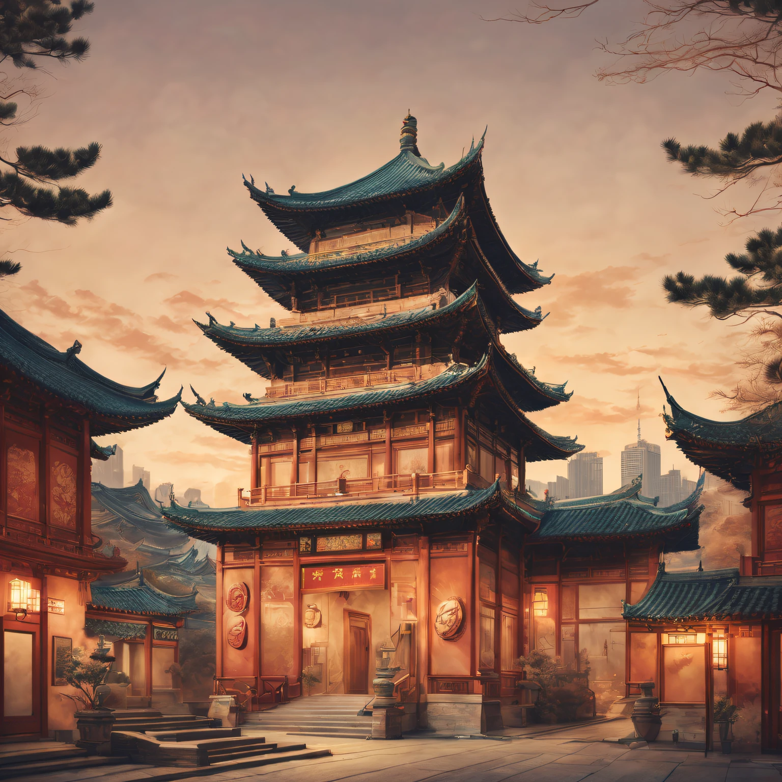 A postcard of ancient Chinese architecture on the front. [line drawn, vintagestyle], (Exquisite, iintricate, nice) line work, (Elegant, Regal) architecture, (attractive cleavage, Thrilling) skylines, [nostalgic ambiance, faded], warm color palette, (natural, The soft) lamplight, [antique texture, old fashioned look].(Best quality at best, A high resolution:1.2), ultra - detailed, professional, vivd colour, sportrait, The landscape, Concept artist, Focus sharp, HighDynamicRange, Studio lighting.
