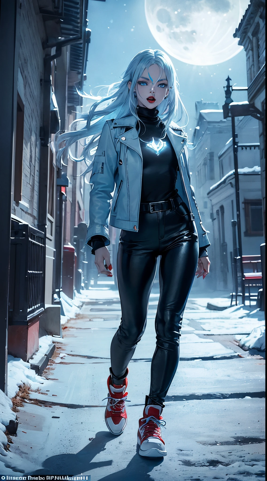 (fantasy character), (Masterpiece), (best quality), (8k resolution), (1girl), ((vampire girl)), ((snow white gray skin)), (("white blood")), ((wearing black leather jacket)), ((wearing black leather pants)), ((wearing black turtleneck underneath), ((red lipstick)), ((red sneakers)), (concept art), small chest, (long hair), (messy hair), (white hair), (iron gray hair), ((glowing:1.35 light blue eyes:1.35)), detailed hands, long nails, vampire claws, detailed face, open mouth, screaming face expression, detailed lips, detailed nose, detailed eyes, walking, go to the viewer, ((moonlight of the night))