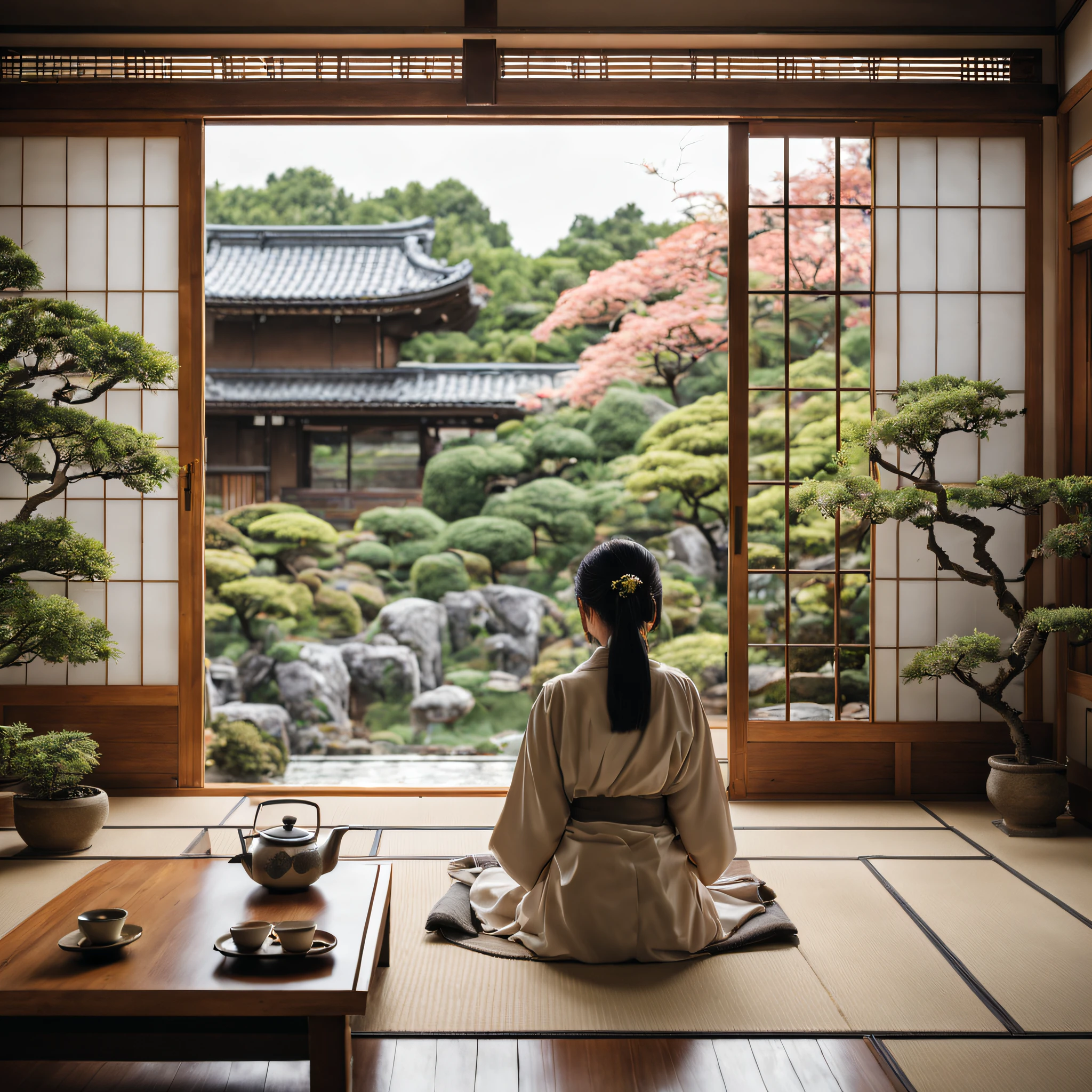 a living room with a view of a traditional Japanese garden, tea time, a woman enjoying the scenery, (back to camera), some plants indoor, cozy house, morning, zen style, wooden interior, photorealistic