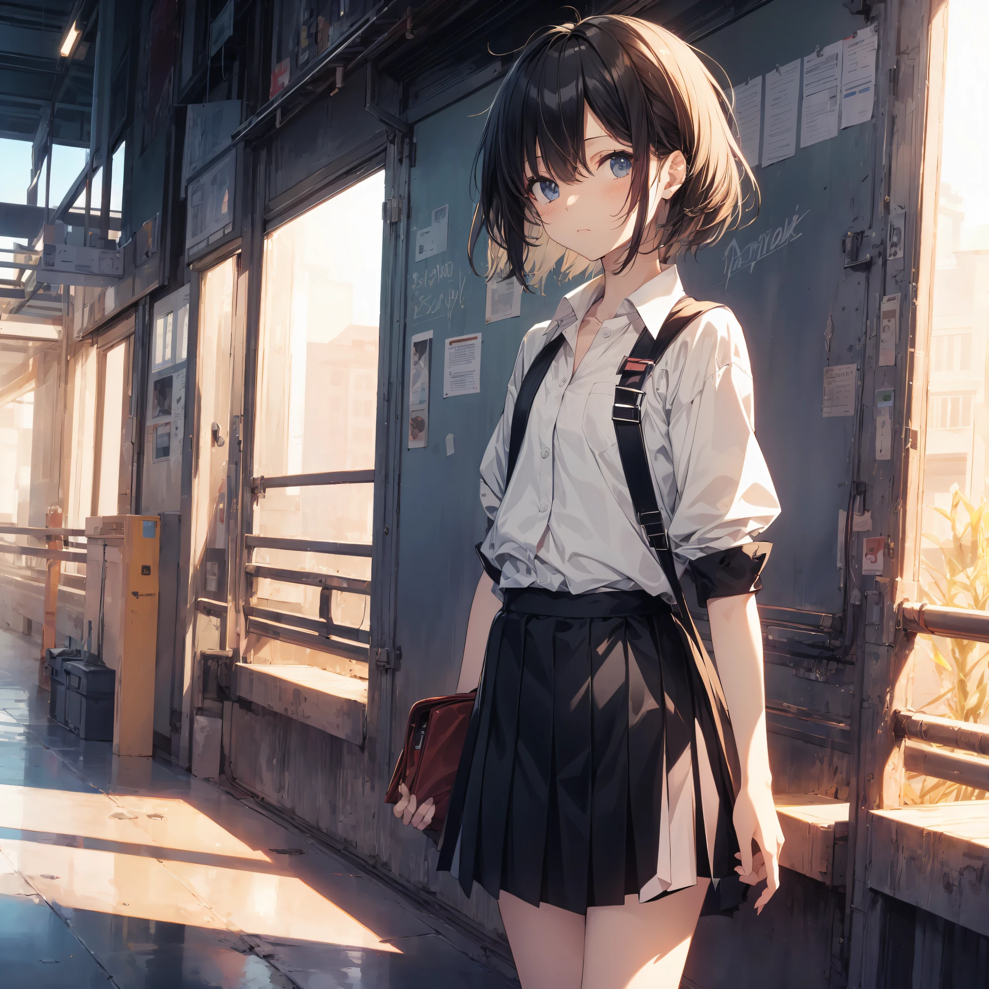 best god quality, Ultra-detailed, anime moe art style,Best Anime 8K Konachan Wallpapers,Pixiv Contest Winner,Perfect Anatomy, (Draw a girl sleepily walking to school. ),BREAK, 1girl is a cool beautiful girl, (Solo,Lori,child,13years:1.3),a junior high school student, Androgynous attraction, (Center part very short hair),hair messy, Forehead, Full limbs, complete fingers,flat chest, Small butt, groin, Small eyes,Beautiful detailed black eyes,Well-proportioned iris and pupils,disgusted eye, School uniform, Skirt,On the way to school. BREAK,High resolution,super detailed skin, Best lighting by professional AI, 8K Illustration,