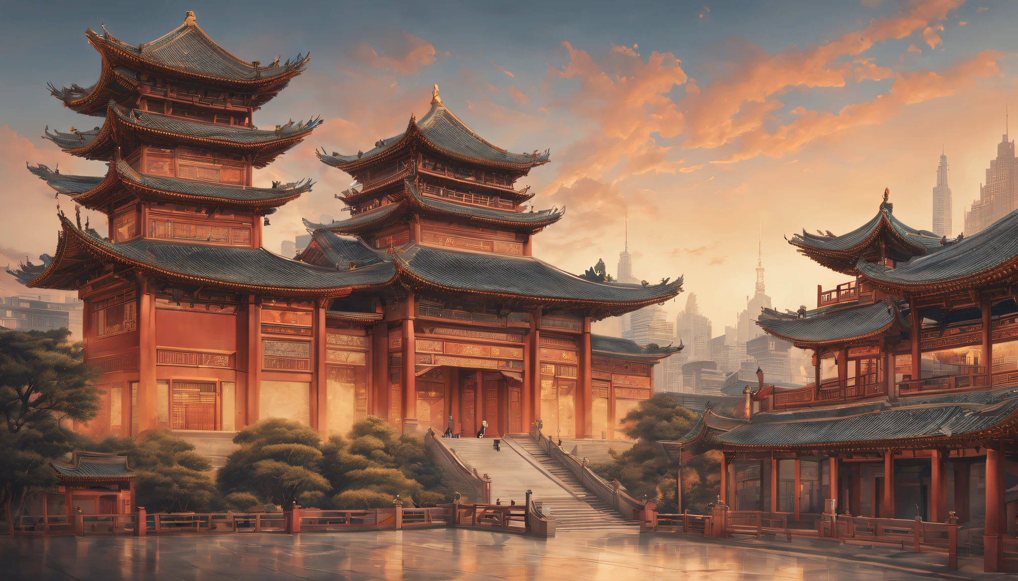 A postcard of ancient Chinese architecture on the front. [line drawn, vintagestyle], (Exquisite, iintricate, nice) line work, (Elegant, Regal) architecture, (attractive cleavage, Thrilling) skylines, [nostalgic ambiance, faded], warm color palette, (natural, The soft) lamplight, [antique texture, old fashioned look].(Best quality at best, A high resolution:1.2), ultra - detailed, professional, vivd colour, sportrait, The landscape, Concept artist, Focus sharp, HighDynamicRange, Studio lighting.