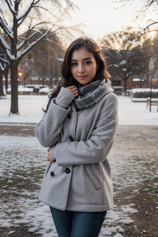 Beautiful 23-year-old slim Mexican woman in winter clothes in the slightly snowy park
