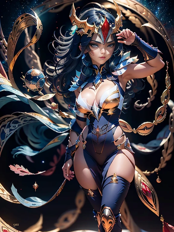 obra-prima, melhor qualidade, ultra alta res, bikini type armor, (fotorrealista: 1.4), alta resolução, foto crua, 1 , pele brilhante, (pele de detalhe: 1.2), best ilumination, brilho, armadura mecha, lighting dramatic, dinamic pose, (fundo do templo grego: 1.1), (noite: 1.2), (night sky), cosmos, milky ways, armadura dourada, (decote), Phoenix_Ikki bikini, (peito grande), (capacete: 1.2), pele bronzeada, cabelo preto, (prata peito guarda: 1.3), seios enormes, camisa azul, vulkan, lava, serious face, olhos detalhado, rosto detalhado, boca detalhado, nariz detalhado, full body standing photo