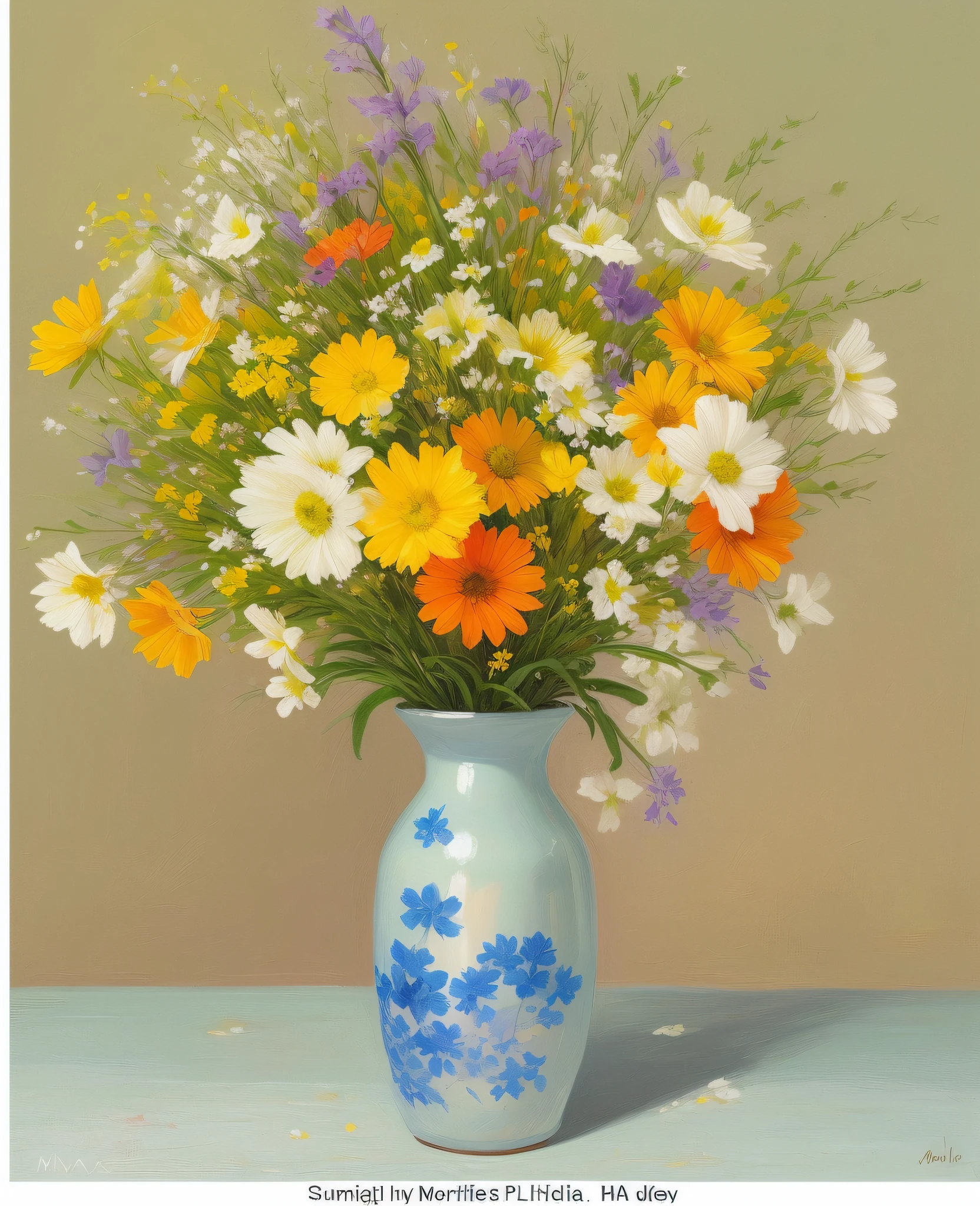 pintura de um vaso de flores sobre uma mesa com uma parede ao fundo, flores silvestres do sul, margaridas e papoulas, Natureza morta com flores, vaso com flores, Directed by: Li Shida, por Ma Shi, vaso de flores, inspirado em Colin Campbell Cooper, Natureza morta com vaso branco, inspirado em Cor Melchers, flores do campo, Directed by: Mary Anne Ansley, Summer light