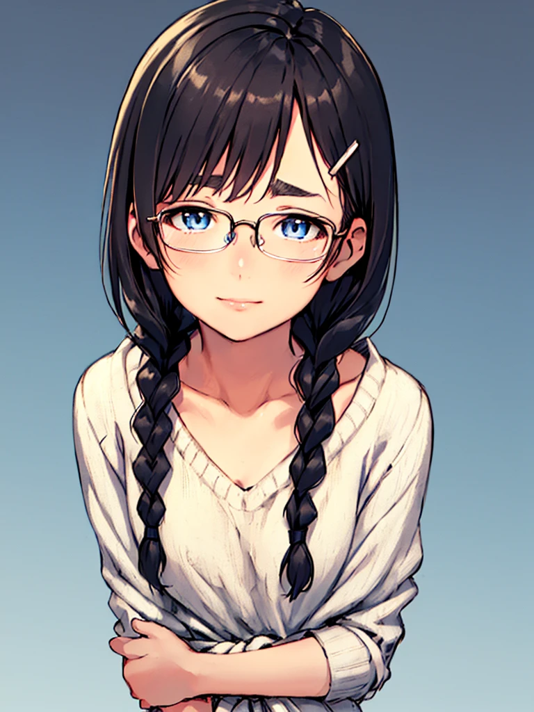 ​masterpiece, top-quality, One lady, One Pose, The best smile, Japan people in their 20s, (A dark-haired, Short Bob Hair, emphasize curly hair, The whole hair has strong waves, With bangs, Gather the hair in the back with two braids(Length to the waist), attach hairpins to bangs), (thick eyebrow, draw thick eyebrows), (drooing eyes, Blue eyes, Blue eyes), Small nose, Thicker lips, (Rimless glasses, Small glasses, glasses for women), Wheat-toned skin, Realistic drawing of the whole body, (Looking at the camera, Front of camera, Look at viewers, Front attitude, Turn your face to the viewer, face forwards).