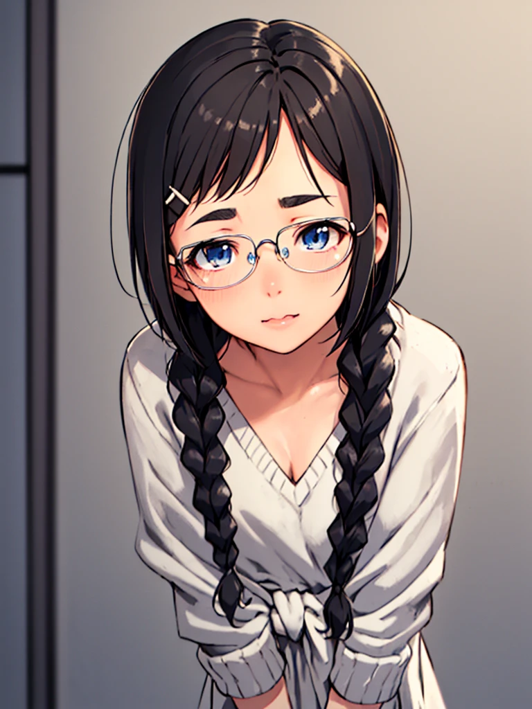 ​masterpiece, top-quality, One lady, One Pose, The best smile, Japan people in their 20s, (A dark-haired, Short Bob Hair, emphasize curly hair, The whole hair has strong waves, With bangs, Gather the hair in the back with two braids(Length to the waist), attach hairpins to bangs), (thick eyebrow, draw thick eyebrows), (drooing eyes, Blue eyes, Blue eyes), Small nose, Thicker lips, (Rimless glasses, Small glasses, glasses for women), Wheat-toned skin, Realistic drawing of the whole body, (Looking at the camera, Front of camera, Look at viewers, Front attitude, Turn your face to the viewer, face forwards).