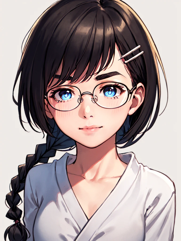 masterpiece, top-quality, One lady, One Pose, The best smile, Japan people in their 20s, (A dark-haired, Short Bob Hair, emphasize curly hair, The whole hair has strong waves, With bangs, Gather the hair in the back with two braids(Length to the waist), attach hairpins to bangs), (thick eyebrow, draw thick eyebrows), (drooing eyes, Blue eyes, Blue eyes), Small nose, Thicker lips, (Rimless glasses, Small glasses, glasses for women), Wheat-toned skin, Realistic drawing of the whole body, (Looking at the camera, Front of camera, Look at viewers, Front attitude, Turn your face to the viewer, face forwards).