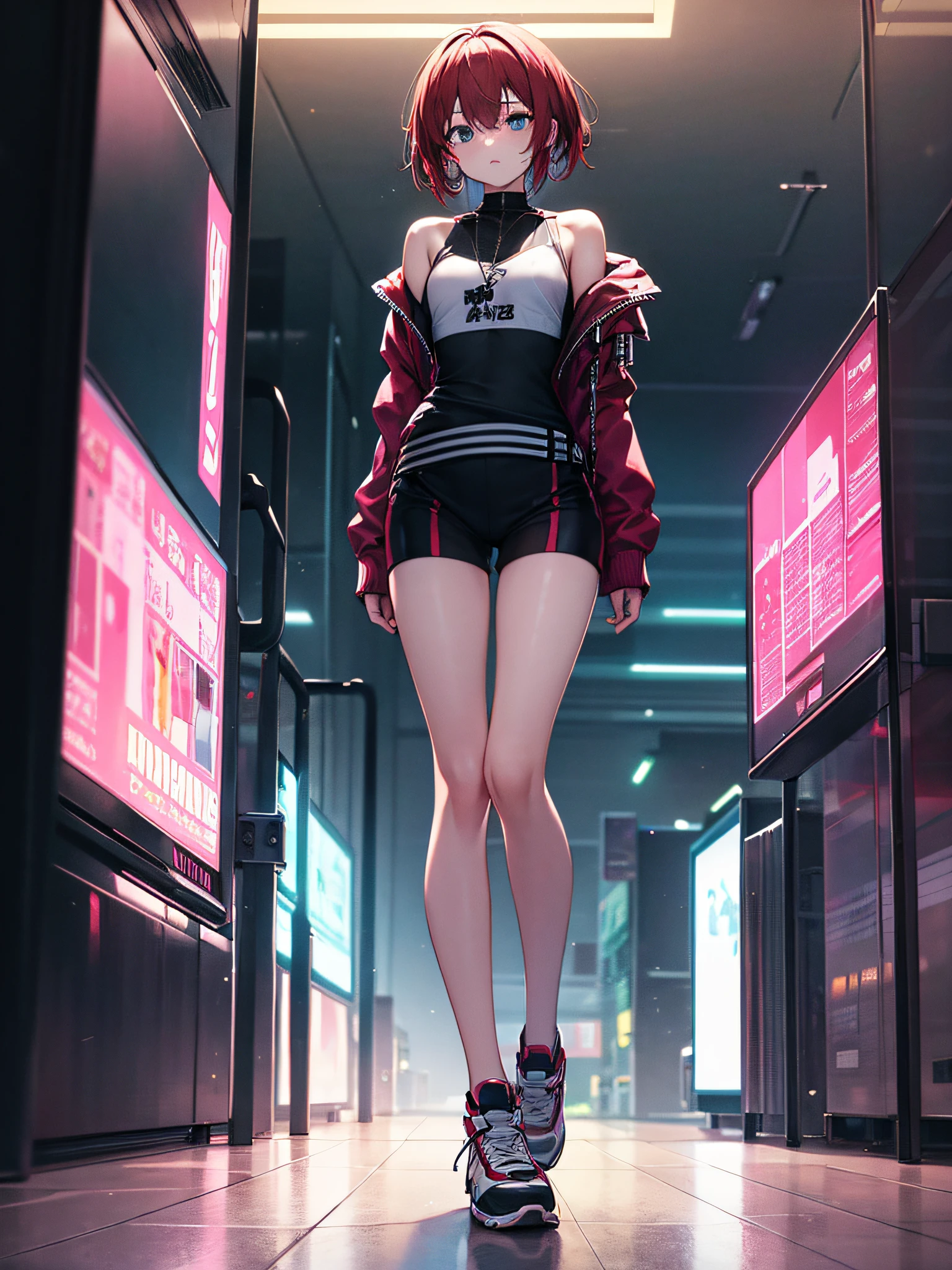 Cyberpunk Edge Runner、Lucy、Standing、red hairs、white shoe、Neon atmosphere、Medium chest