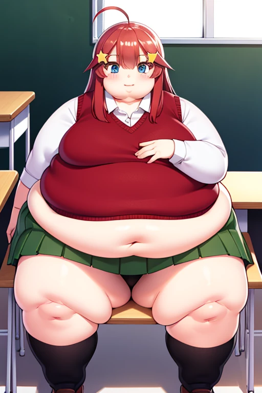 obese itsukinakano, obese itsuki nakano, bangs, blue eyes, hair between eyes, ahoge, red hair, star \(symbol\), hair ornament, star hair ornament, obese body, fat belly, fat arms, big cheeks, cute face, fat butt, thick thighs
BREAK skirt, shirt, school uniform, collarbone, white shirt, short sleeves, pleated skirt, socks, collared shirt, miniskirt, kneehighs, white socks, green skirt, sweater vest, red sweater vest,
BREAK indoors, school, classroom,
BREAK (masterpiece:1.2), best quality, high resolution, unity 8k wallpaper, (illustration:0.8), (beautiful detailed eyes:1.6), extremely detailed face, perfect lighting, extremely detailed CG, (perfect hands, perfect anatomy),