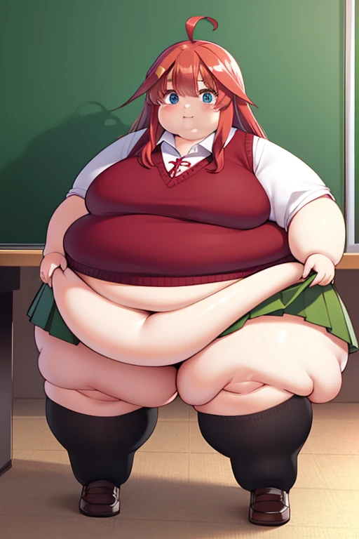 obese itsukinakano, obese itsuki nakano, bangs, blue eyes, hair between eyes, ahoge, red hair, star \(symbol\), hair ornament, star hair ornament, obese body, fat belly, fat arms, big cheeks, cute face, fat butt, thick thighs
BREAK skirt, shirt, school uniform, collarbone, white shirt, short sleeves, pleated skirt, socks, collared shirt, miniskirt, kneehighs, white socks, green skirt, sweater vest, red sweater vest,
BREAK indoors, school, classroom,
BREAK (masterpiece:1.2), best quality, high resolution, unity 8k wallpaper, (illustration:0.8), (beautiful detailed eyes:1.6), extremely detailed face, perfect lighting, extremely detailed CG, (perfect hands, perfect anatomy),