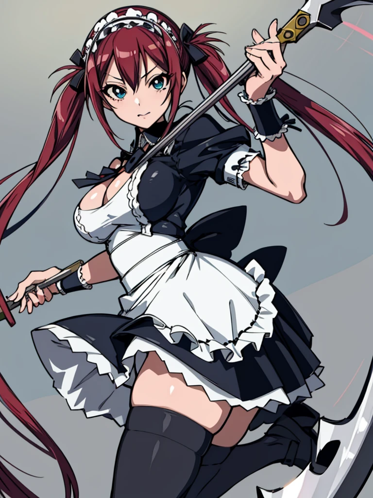 masutepiece, Best Quality, Airlib 4, 1girl in, Solo, thighs thighs thighs thighs, black thighhighs, Apron, zettai ryouiki, maid, Maid headdress, large Scythe, cleavage, Wrist cuffs