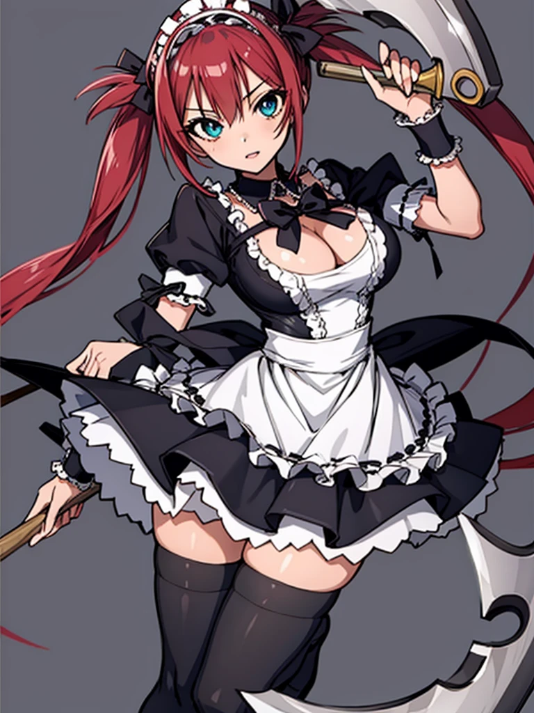 masutepiece, Best Quality, Airlib 4, 1girl in, Solo, thighs thighs thighs thighs, black thighhighs, Apron, zettai ryouiki, maid, Maid headdress, large Scythe, , Wrist cuffs